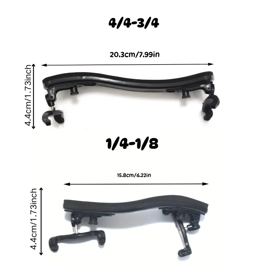 Size chart showing two black violin shoulder rests: the 4/4-3/4 model at 20.3 cm long and 4.4 cm tall, and the 1/4-1/8 model at 15.8 cm long and 4.4 cm tall, both with hook feet