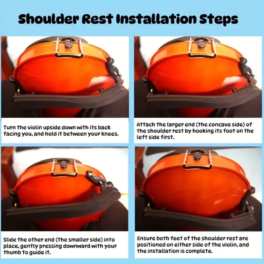 Four-panel infographic showing shoulder rest installation on an orange violin: turn it upside down, hook the larger concave end on the left, slide the smaller end with the thumb, and check both feet sit on either side