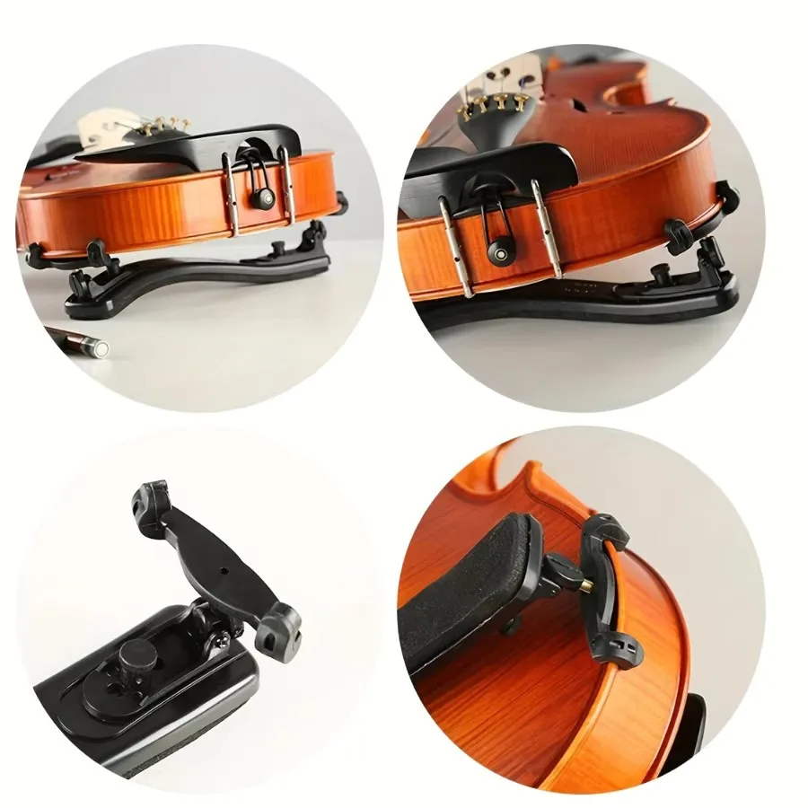 Four close-up angles of a black adjustable violin shoulder rest mounted on an amber violin, showing the pivoting feet and foam pad