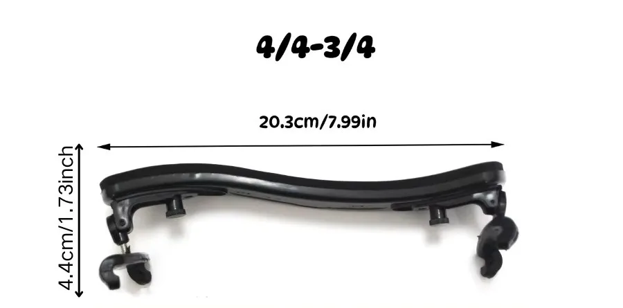 Black big-size violin shoulder rest with hook feet, labelled for 4/4 and 3/4 violins