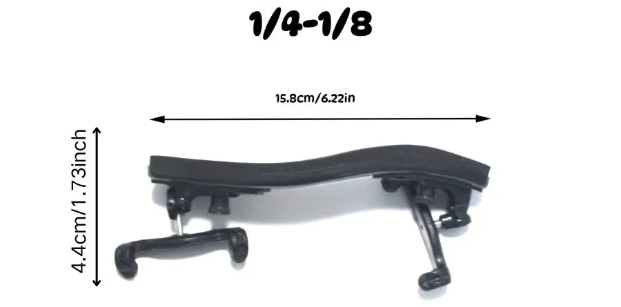 Black small-size violin shoulder rest with hook feet, labelled for 1/4 and 1/8 violins